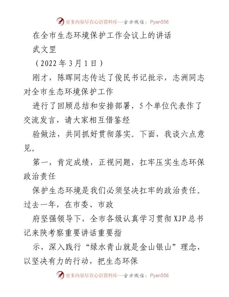 [发言] 全市生态环境保护工作会议 - 生态环境保护工作的重要性与未来展望.docx_第1页