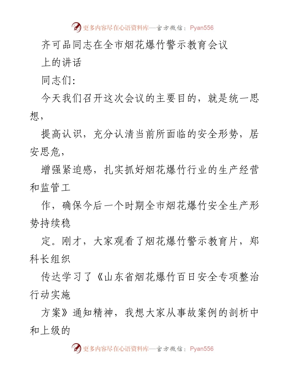 [发言] 全市烟花爆竹警示教育会议 - 加强烟花爆竹安全管理，确保生产安全稳定.docx_第1页