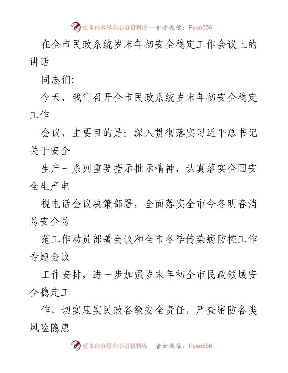 [发言] 全市民政系统岁末年初安全稳定工作会议 - 强化安全责任，确保岁末年初民政领域安全稳定.docx_第1页