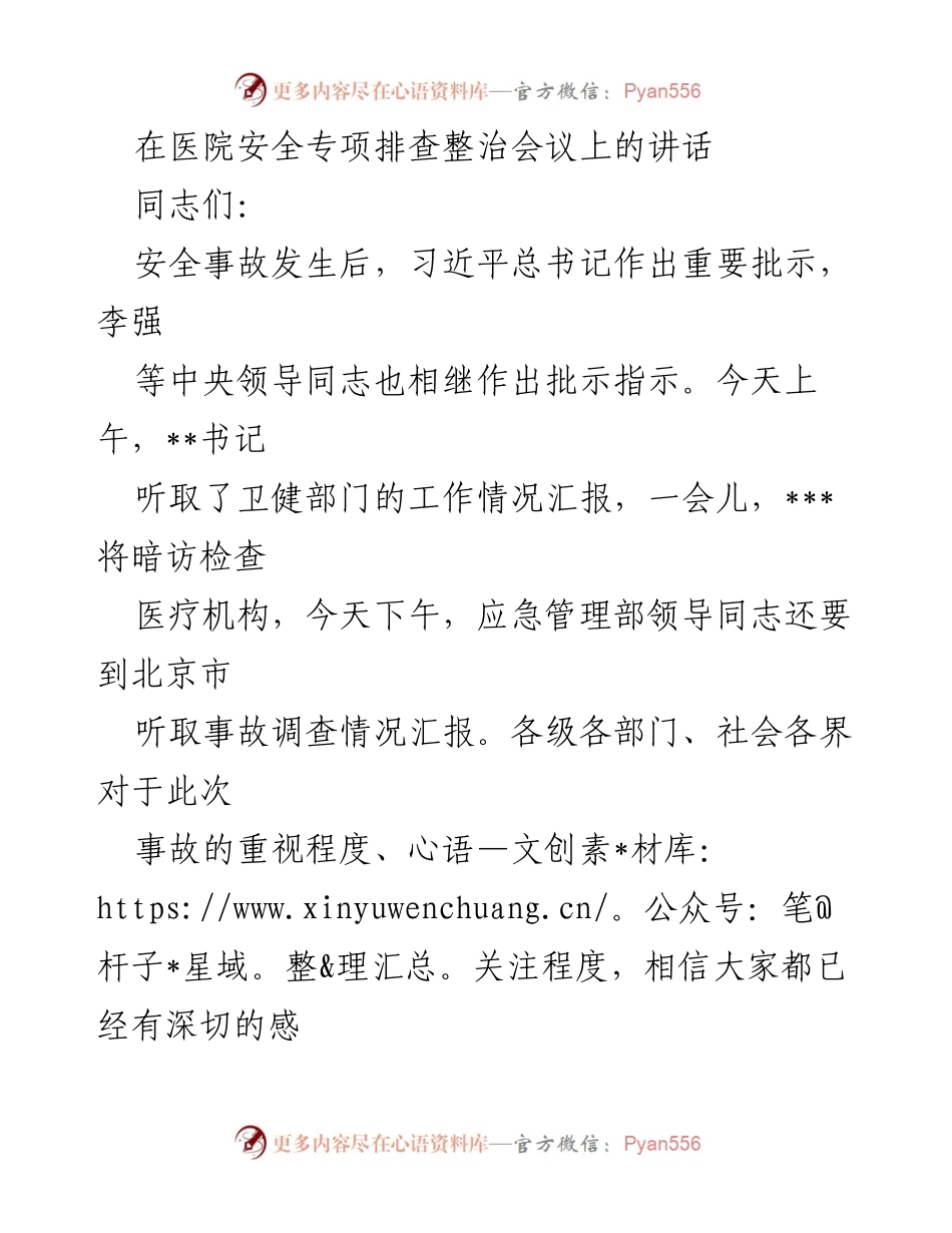 [发言] 医院安全专项排查整治会议 - 强化医院安全隐患排查，确保首都安全稳定.docx_第1页