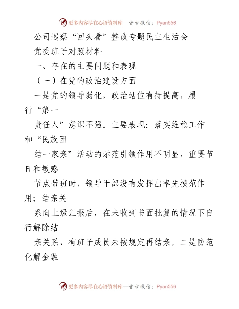 [发言] 公司巡察整改专题民主生活会 - 党委班子存在问题及整改措施总结.docx_第1页