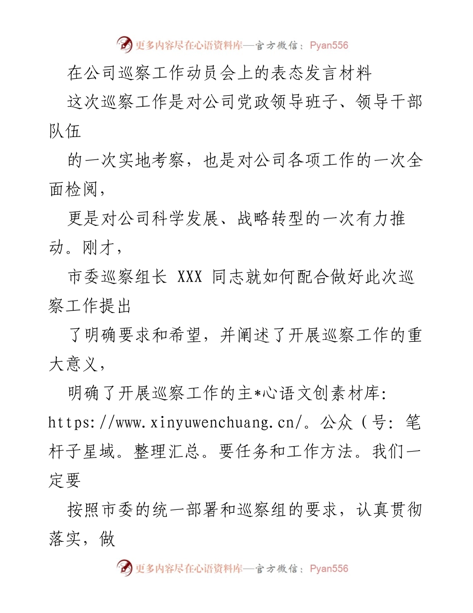 [发言] 公司巡察工作动员会 - 提高政治意识，积极配合市委巡察工作.docx_第1页