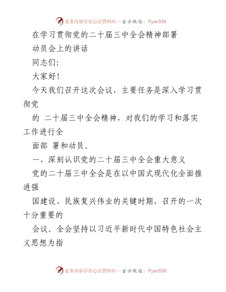 [发言] 动员会 - 深入学习贯彻党的二十届三中全会精神的动员讲话.docx_第1页