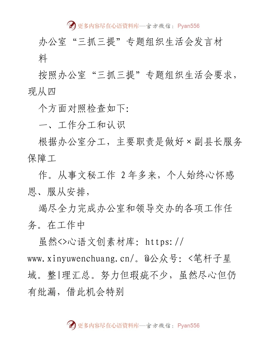 [发言] 办公室“三抓三提”专题组织生活会 - 努力提升文秘工作质量，反思与自省.docx_第1页