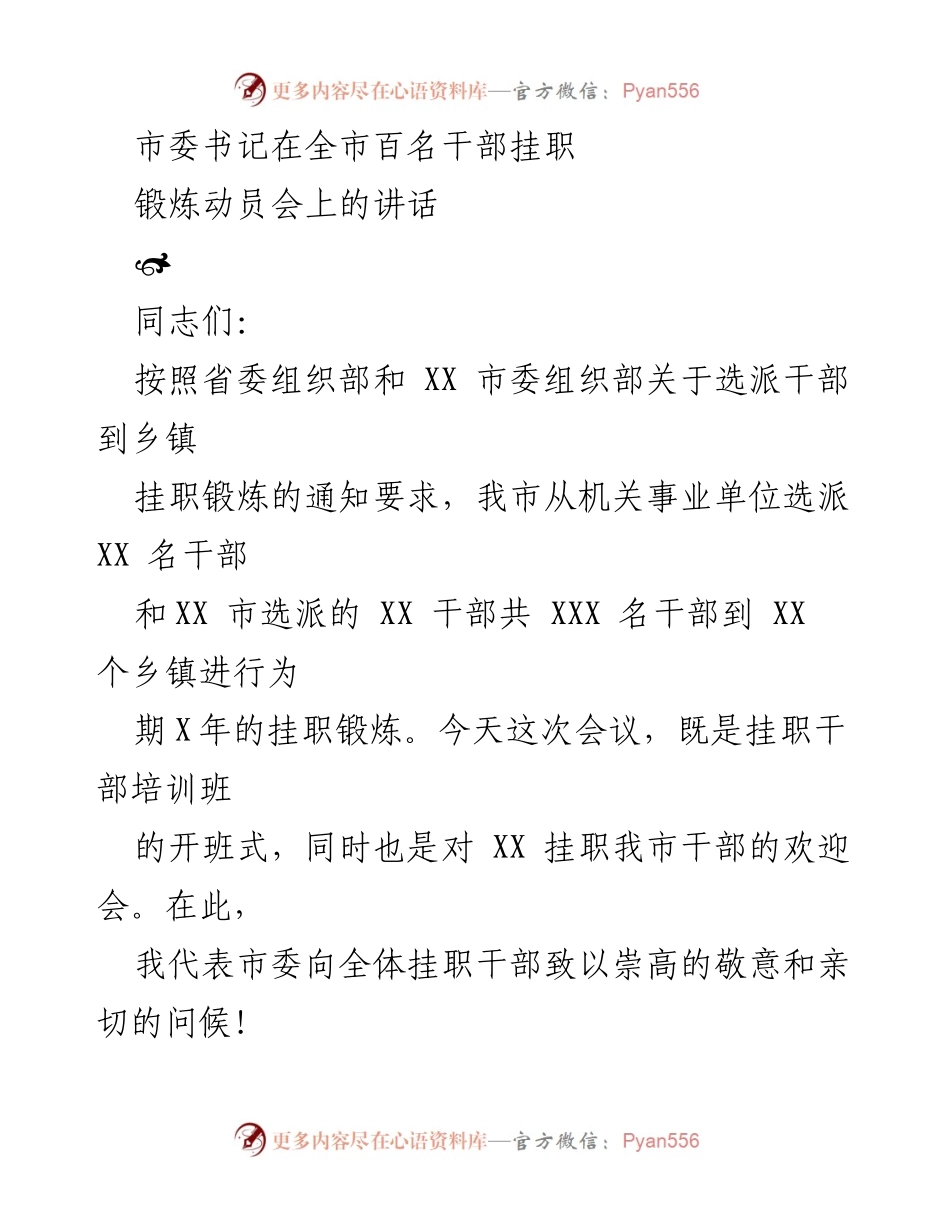 [发言] 动员会 - 市委书记在全市百名干部挂职锻炼动员会上的讲话.docx_第1页