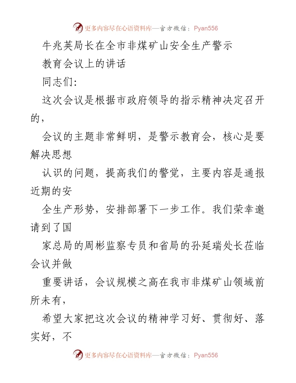 [发言] 全市非煤矿山安全生产警示教育会议 - 牛兆英局长讲话：增强安全生产意识，防范事故风险.docx_第1页