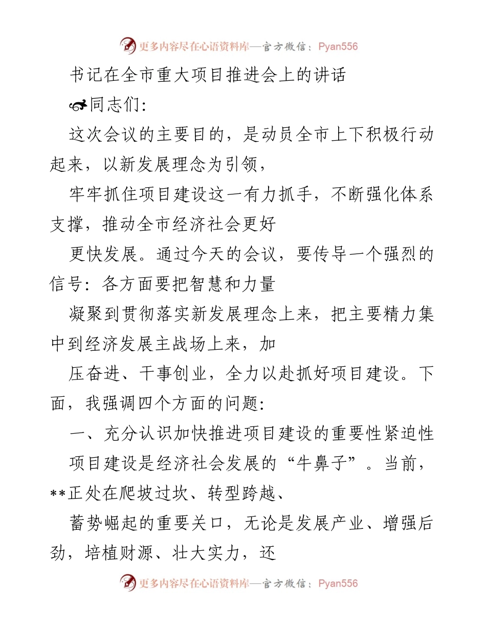 [发言] 全市重大项目推进会 - 加快项目建设，推动经济高质量发展.docx_第1页