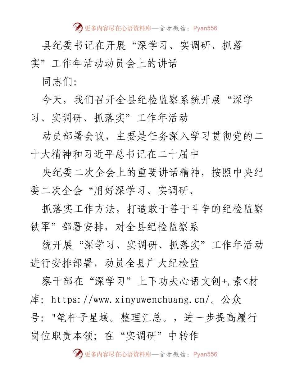 [发言] 动员会 - 深学习、实调研、抓落实：打造纪检监察铁军的动员讲话.docx_第1页