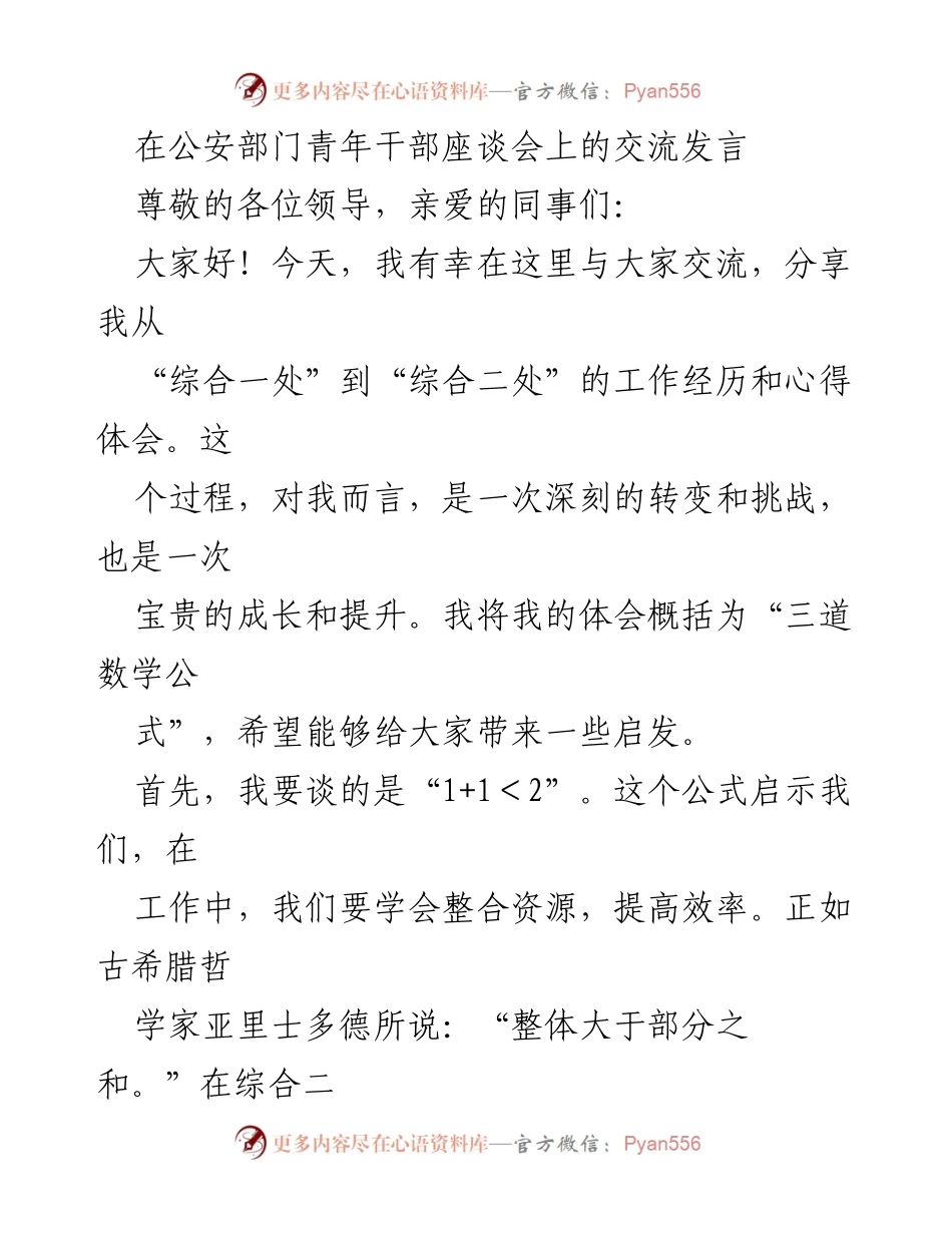 [发言] 公安部门青年干部座谈会 - “三道数学公式”在青年干部成长中的启示.docx_第1页