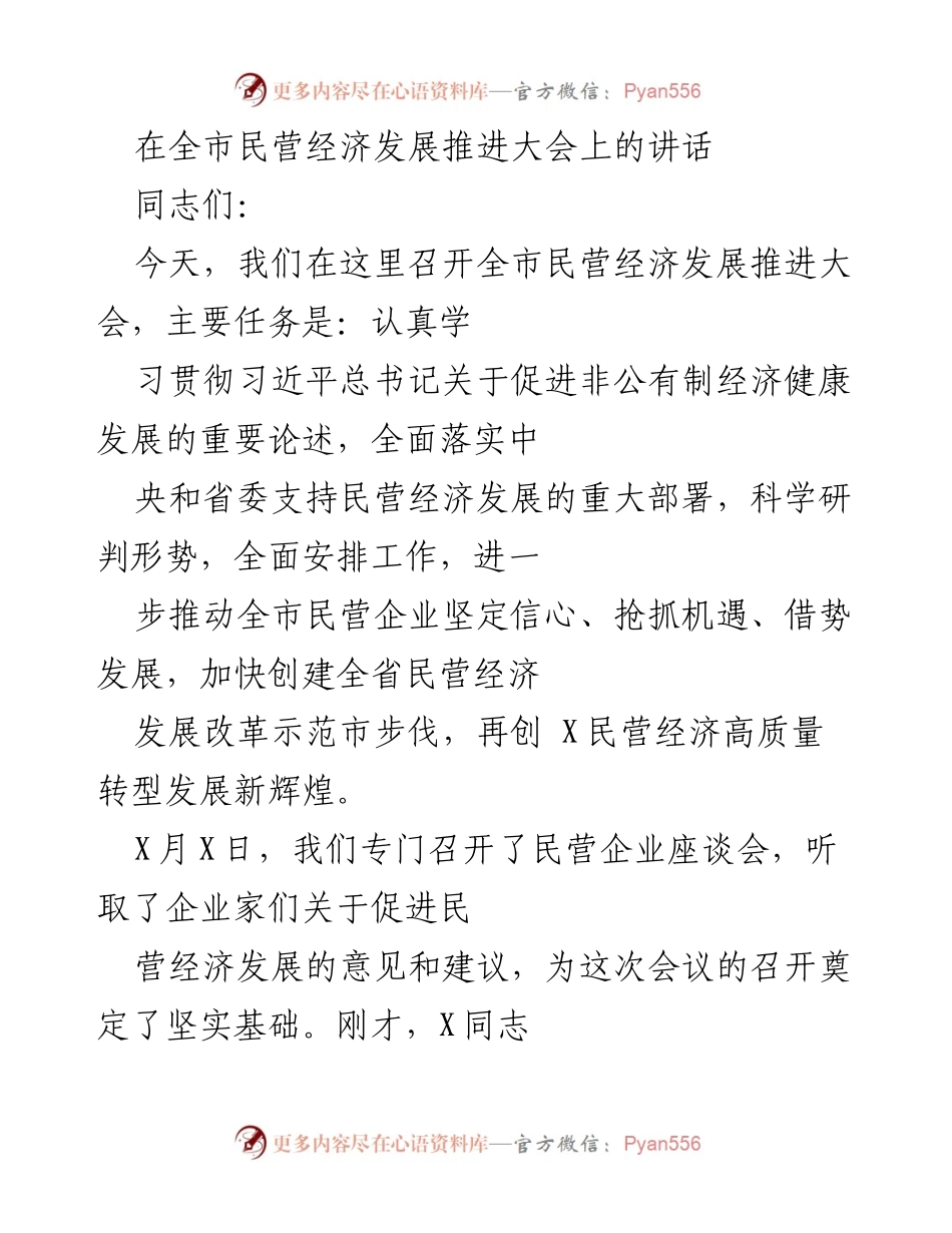 [发言] 全市民营经济发展推进大会 - 加快推动全市民营经济高质量转型发展.docx_第1页