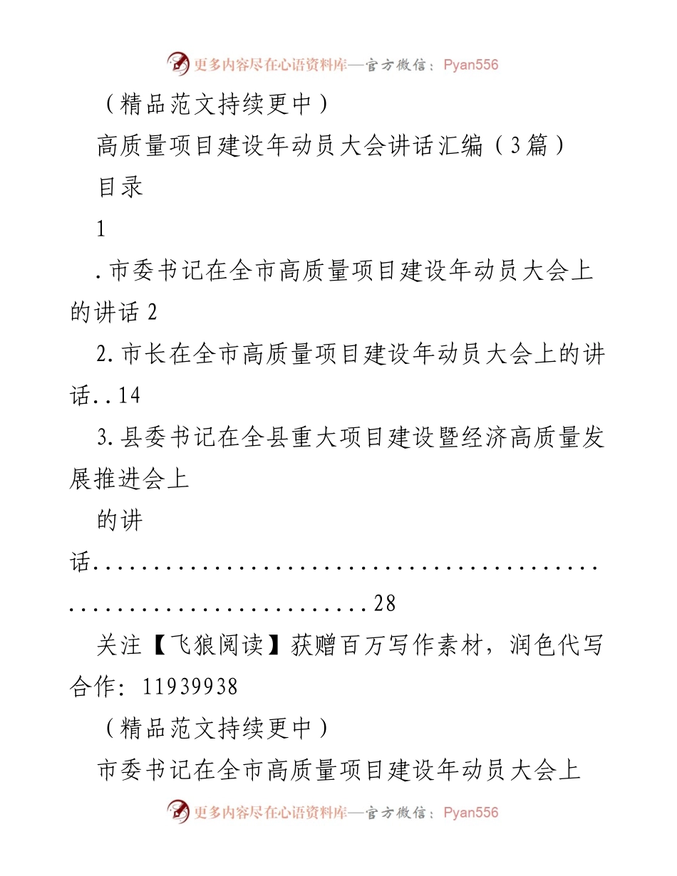 [发言] 全市高质量项目建设年动员大会 - 高质量项目建设年动员讲话汇编.docx_第1页