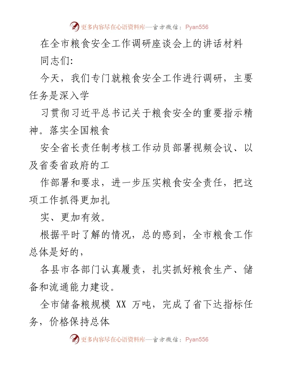 [发言] 全市粮食安全工作调研座谈会 - 加强粮食安全责任，确保民生稳定.docx_第1页