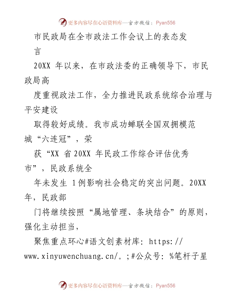 [发言] 全市政法工作会议 - 市民政局在政法工作中的主动担当与创新发展.docx_第1页