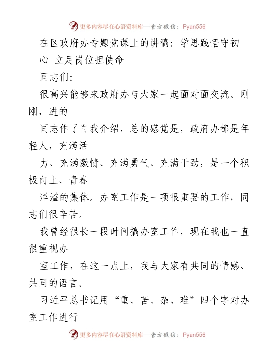 [发言] 区政府办专题党课 - 坚守初心，担当使命：在办室工作中的政治建设与责任.docx_第1页