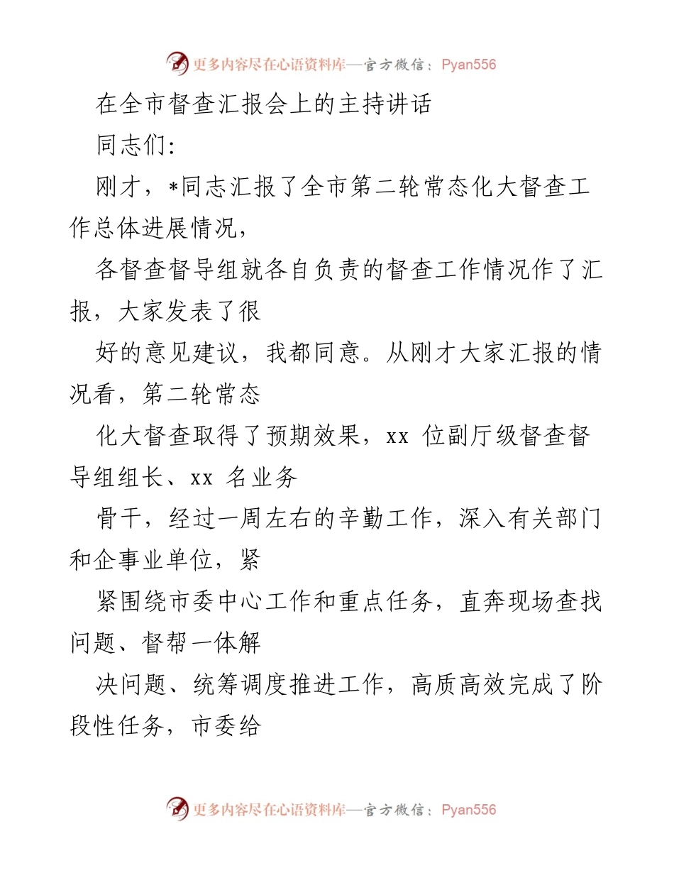 [发言] 全市督查汇报会 - 强调问题整改与经验总结，推动常态化大督查高效开展.docx_第1页