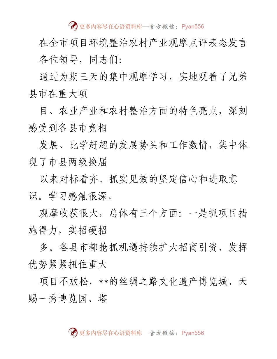 [发言] 全市项目环境整治农村产业观摩点评 - 加强招商引资与项目建设，推动农村产业整治新进展.docx_第1页