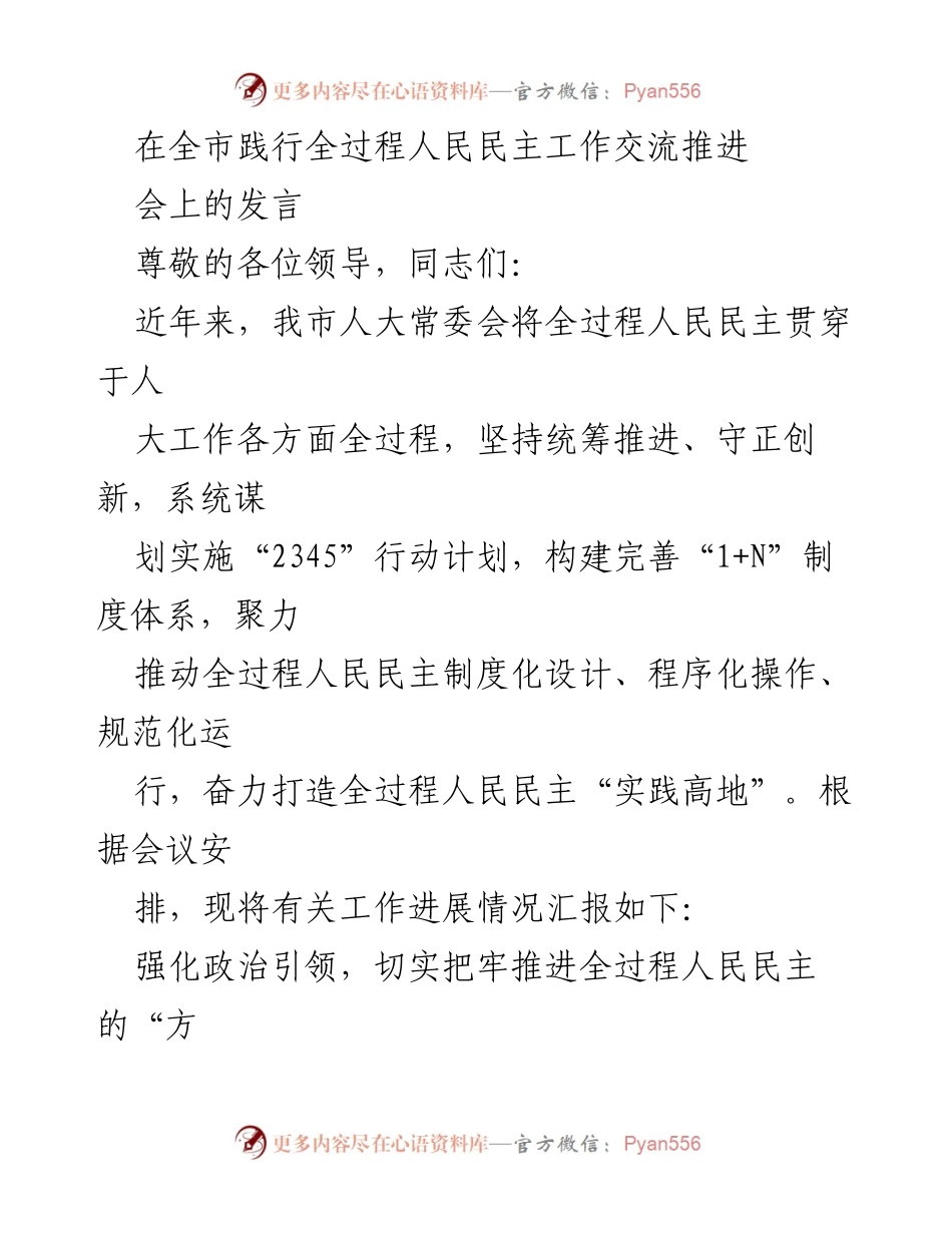 [发言] 全市践行全过程人民民主工作交流推进会 - 推动全过程人民民主的实践与创新.docx_第1页