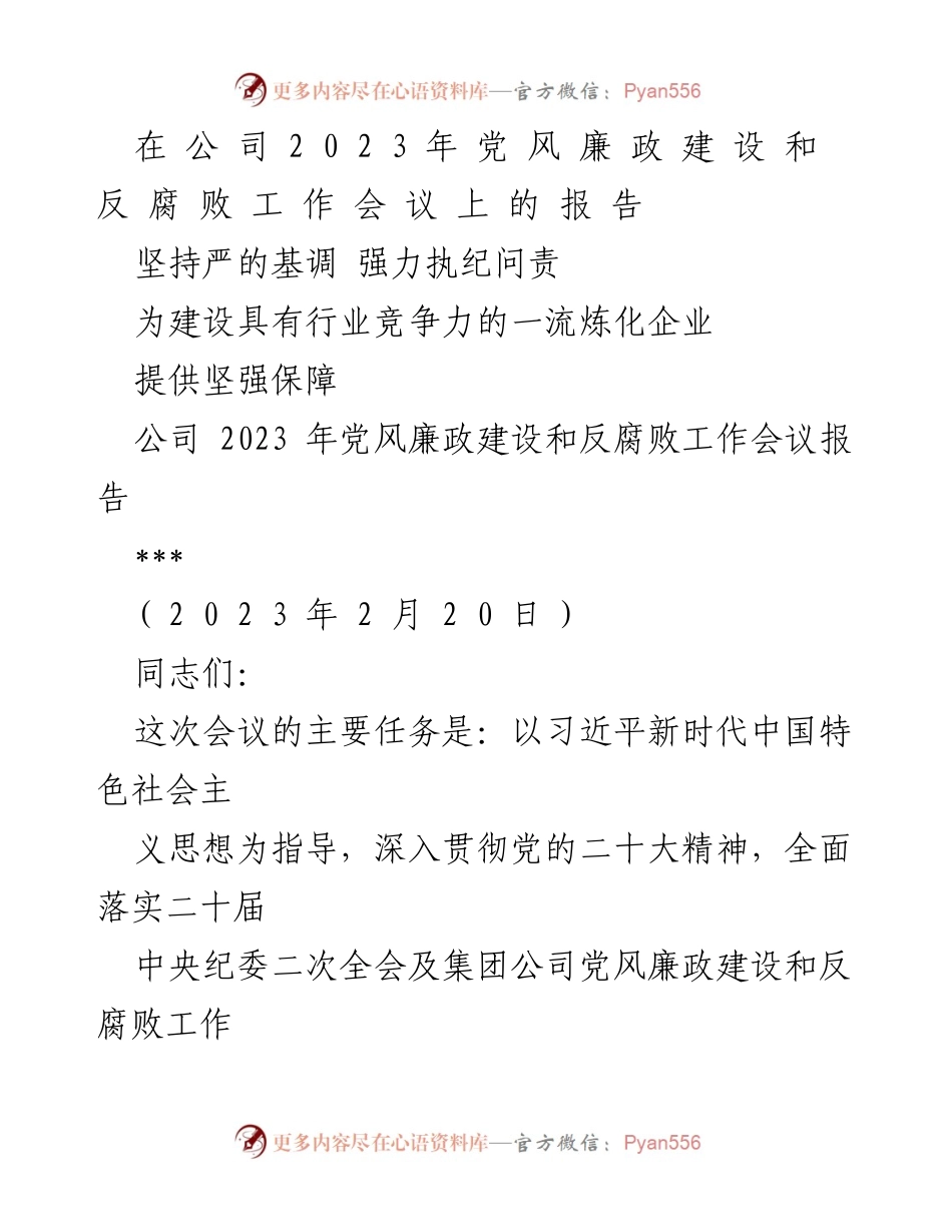 [发言] 公司2023年党风廉政建设和反腐败工作会议 - 坚持严的基调 强力执纪问责，保障一流炼化企业建设.docx_第1页