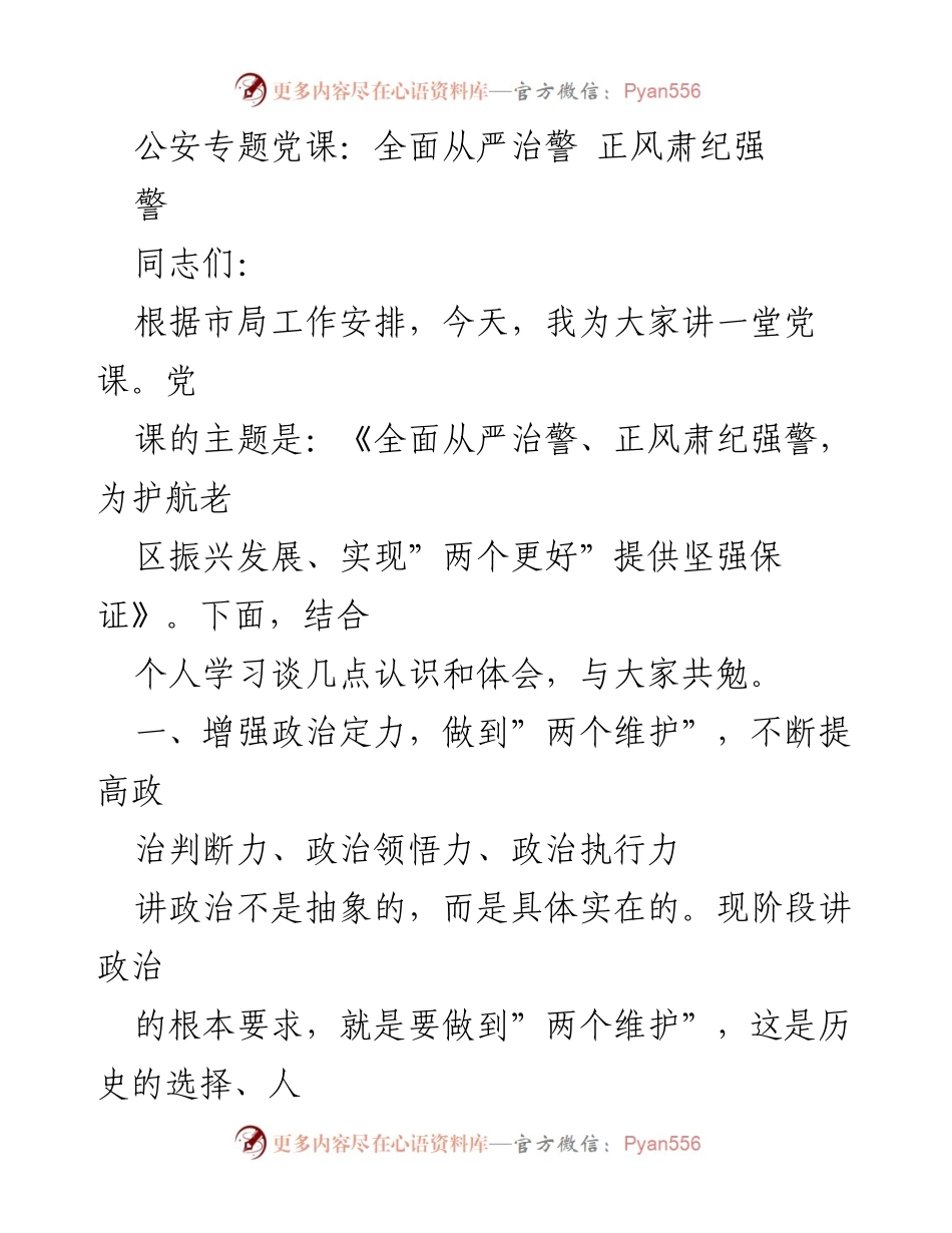 [发言] 公安专题党课 - 全面从严治警，正风肃纪，为护航老区振兴提供保障.docx_第1页