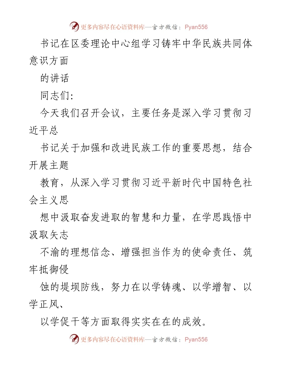 [发言] 区委理论中心组学习 - 加强民族团结，铸牢中华民族共同体意识的重要性.docx_第1页