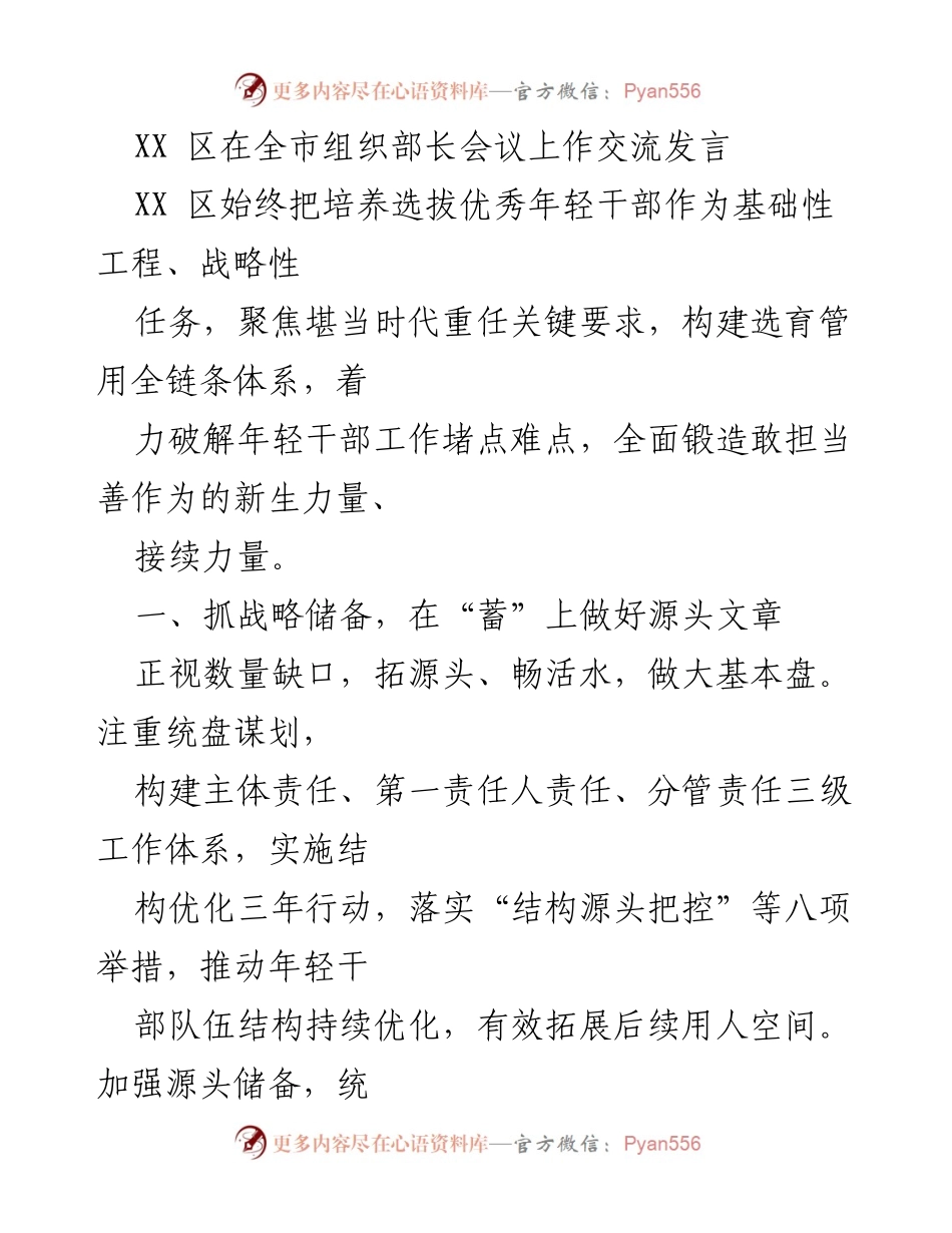 [发言] 全市组织部长会议 - XX 区年轻干部培养选拔工作经验分享.docx_第1页