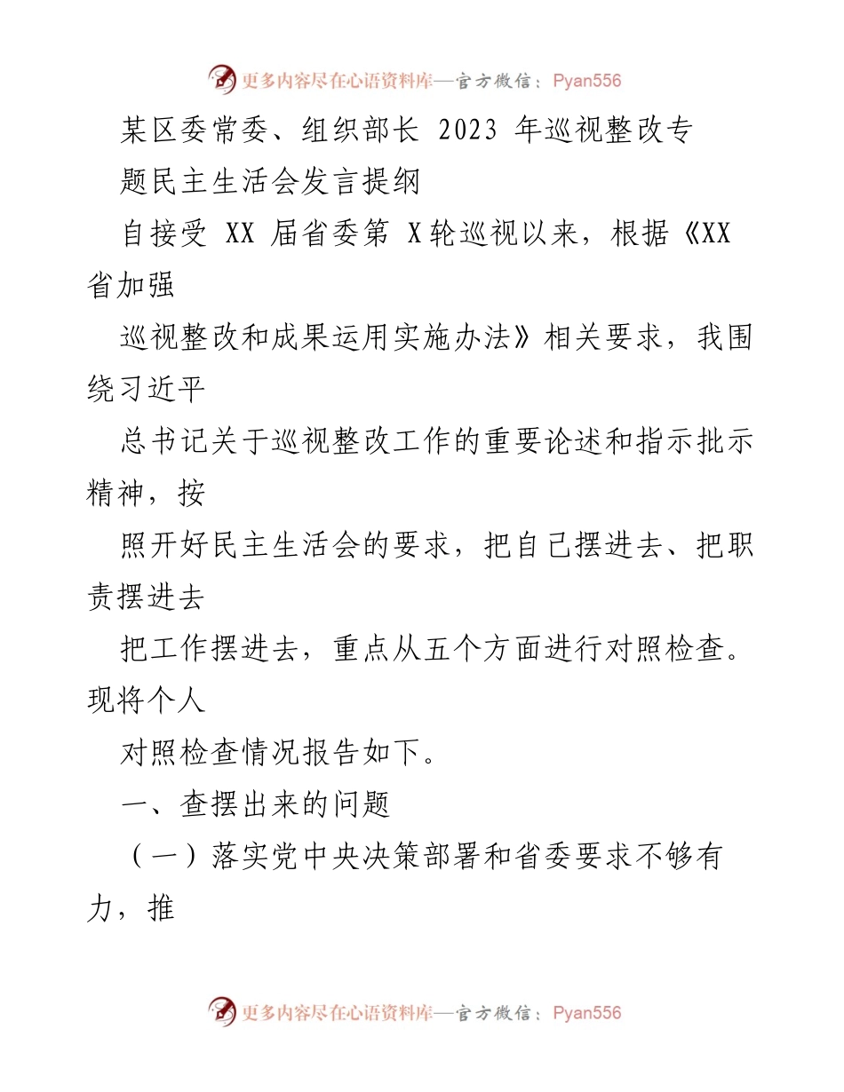 [发言] 区委常委、组织部长巡视整改专题民主生活会 - 个人对照检查与整改措施发言提纲.docx_第1页