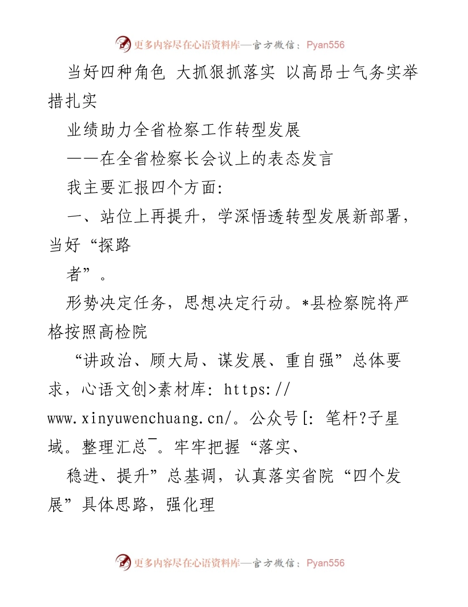 [发言] 全省检察长会议 - 当好四种角色，大抓狠抓落实，助力检察工作转型发展.docx_第1页