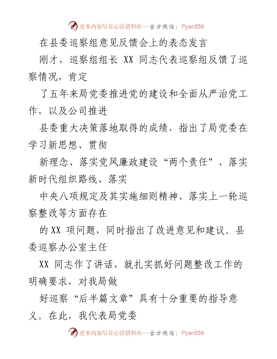 [发言] 县委巡察组意见反馈会 - 局党委表态发言及整改承诺.docx_第1页