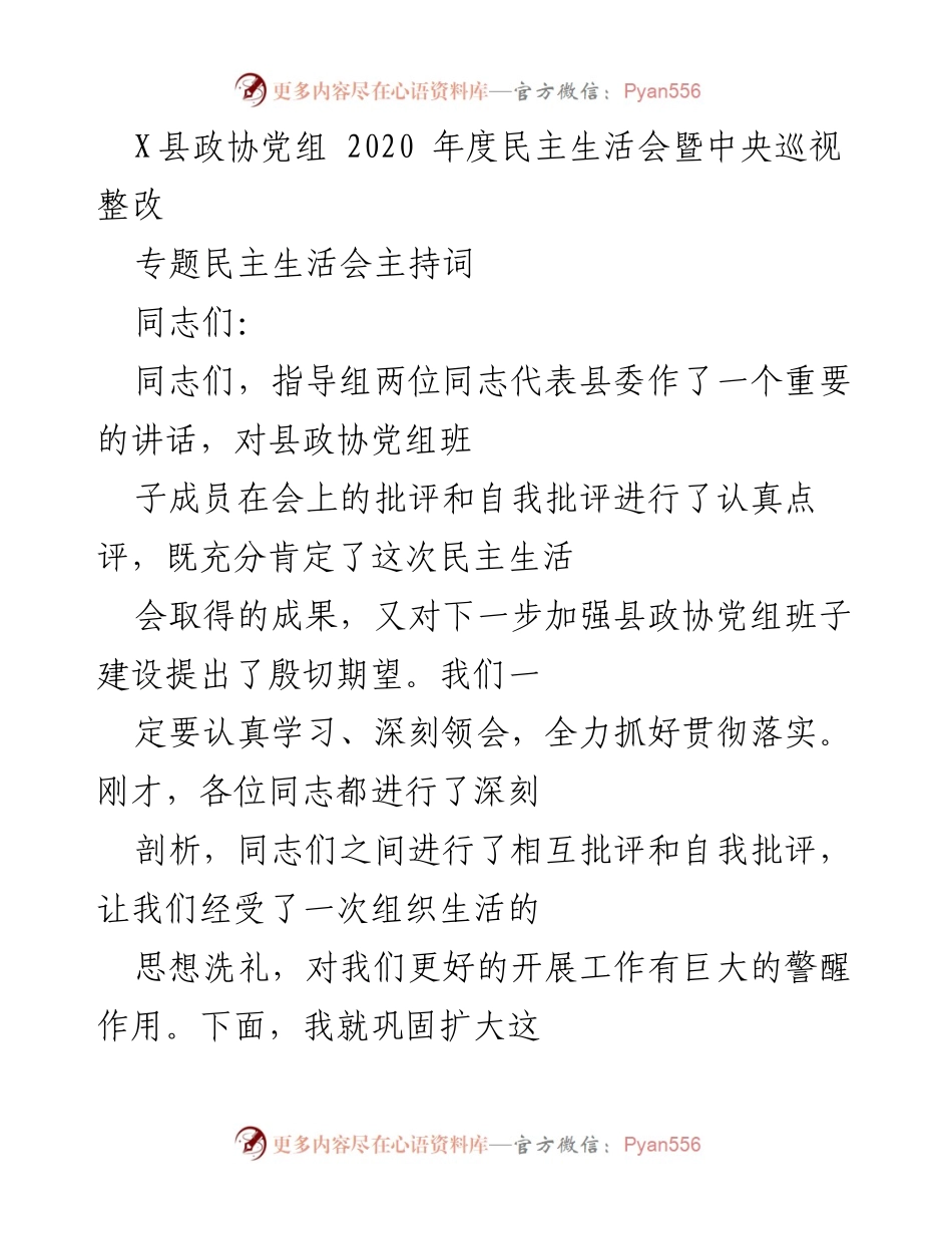 [发言] 县政协党组年度民主生活会 - 深化思想洗礼，扎实推进整改工作.docx_第1页