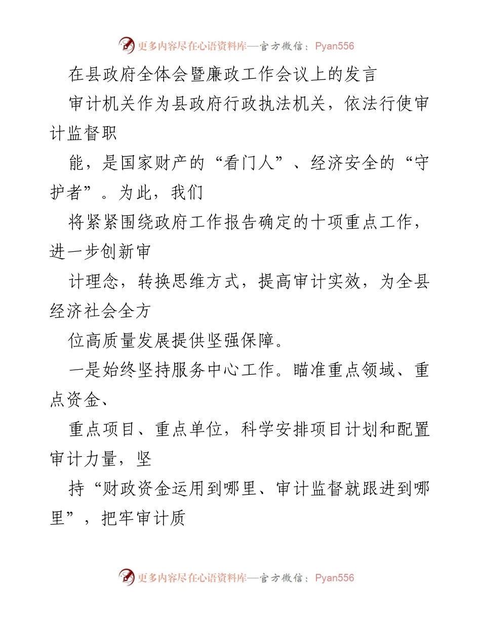 [发言] 县政府全体会暨廉政工作会议 - 审计机关在促进经济高质量发展中的角色与责任.docx_第1页
