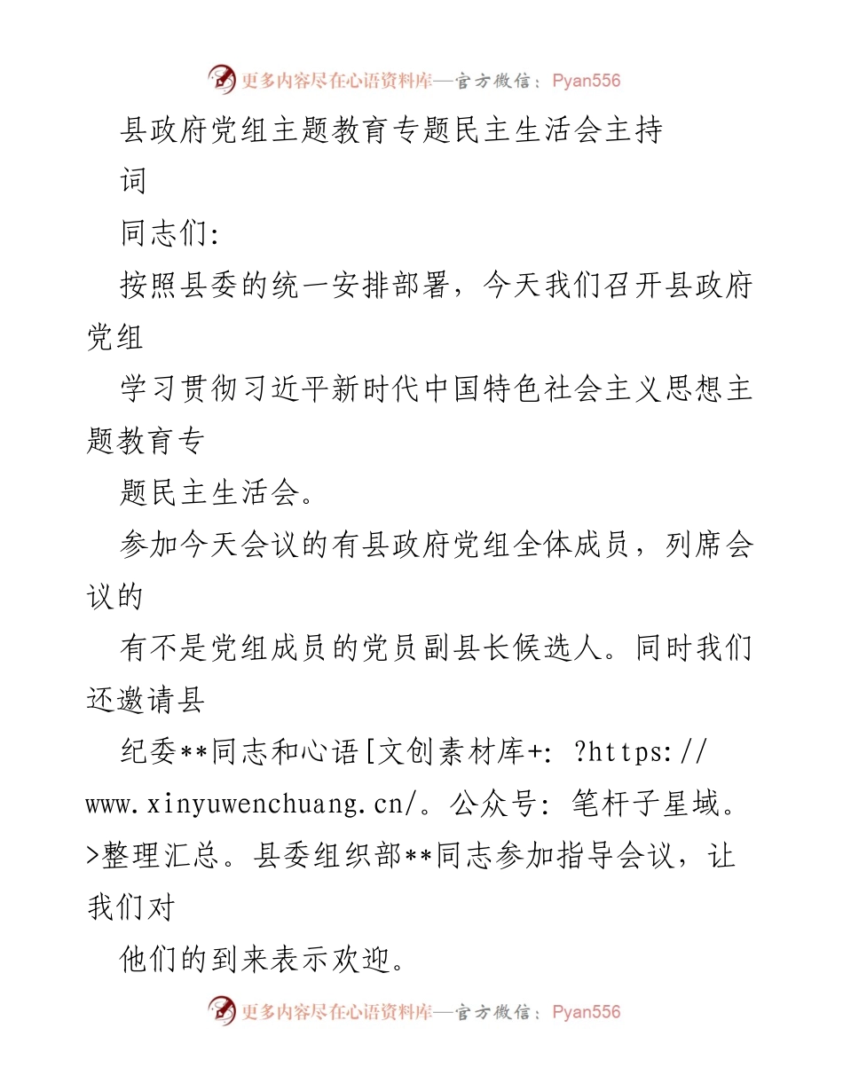 [发言] 县政府党组民主生活会 - 高质量开展县政府党组主题教育专题民主生活会的讲话稿.docx_第1页