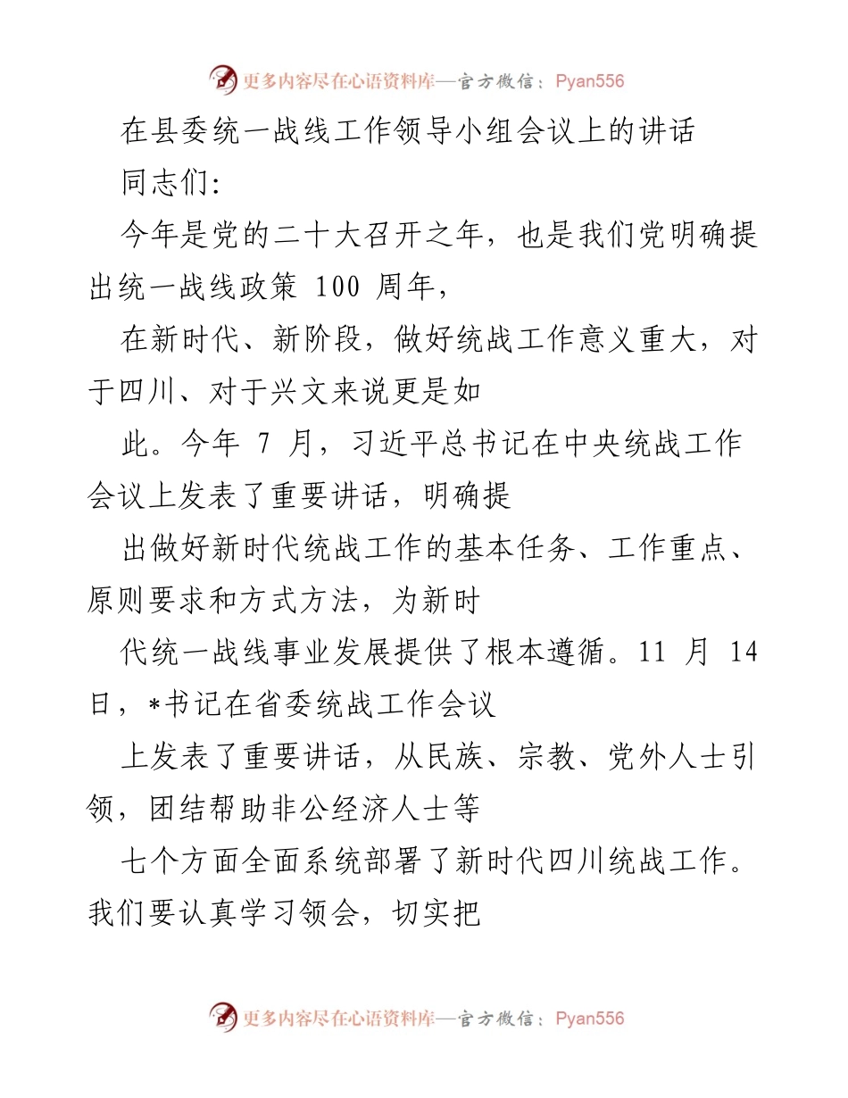 [发言] 县委统一战线工作领导小组会议 - 深入贯彻新时代统战工作精神，推动兴文高质量发展.docx_第1页