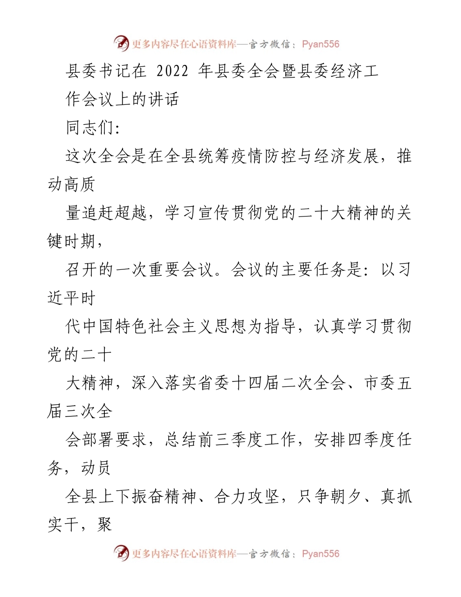 [发言] 县委全会 - 统筹疫情防控与经济发展的战略部署.docx_第1页