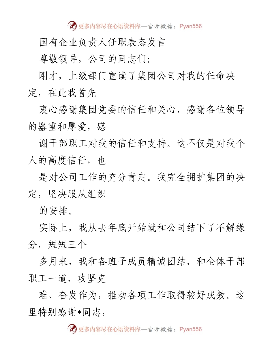 [发言] 国有企业负责人任职 - 国有企业新任董事长的表态与承诺.docx_第1页