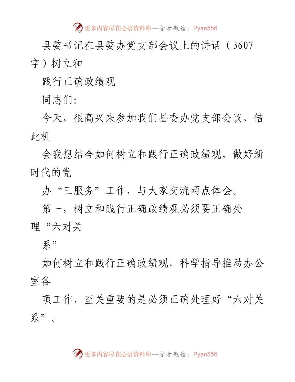 [发言] 县委办党支部会议 - 树立正确政绩观，服务新时代发展_1.docx_第1页