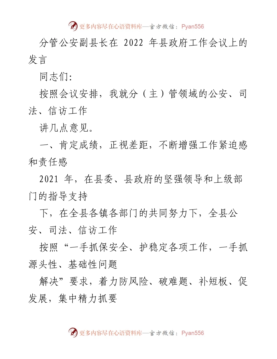 [发言] 县政府工作会议 - 公安副县长关于公安、司法、信访工作的总结与展望.docx_第1页