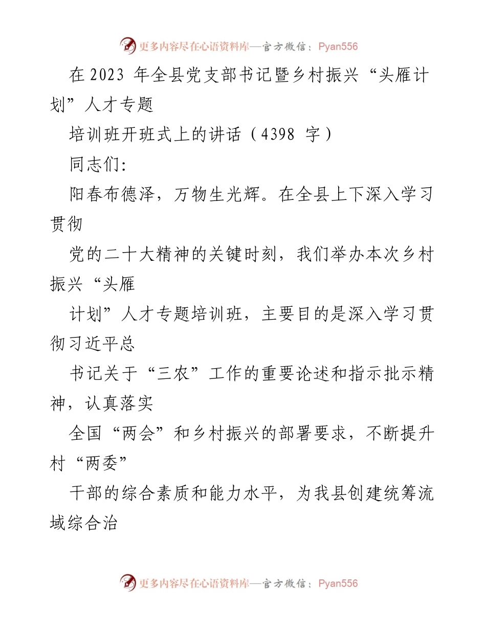 [发言] 培训班开班式 - 提升乡村干部能力，推动乡村振兴战略落地落实.docx_第1页