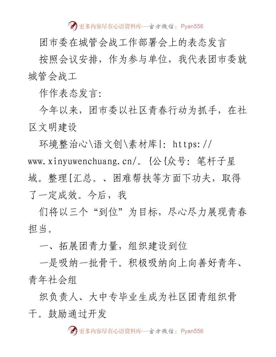 [发言] 城管会战工作部署会 - 团市委表态发言：展现青春担当，助力社区治理.docx_第1页