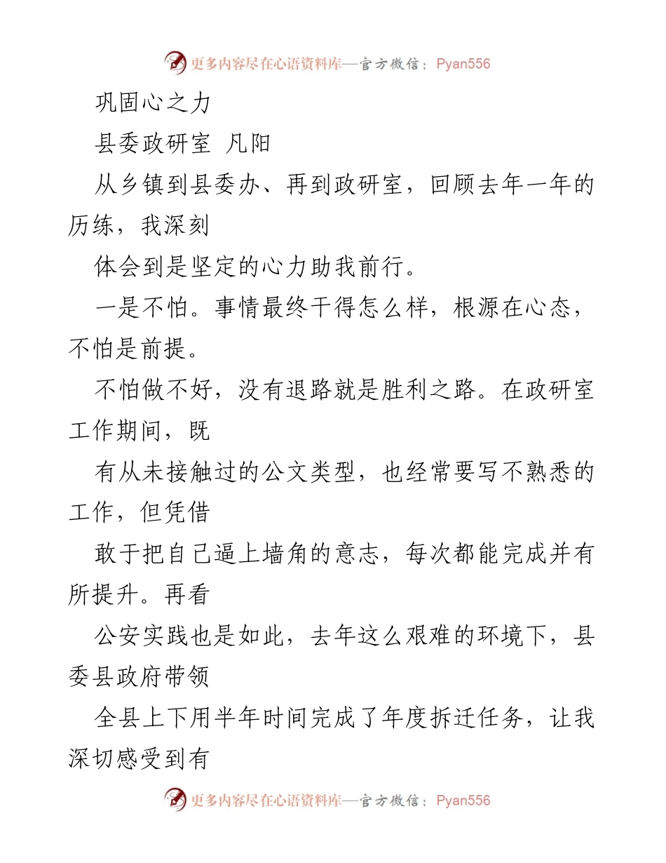 [发言] 县委政研室工作总结 - 坚定心力，迎接挑战.docx_第1页