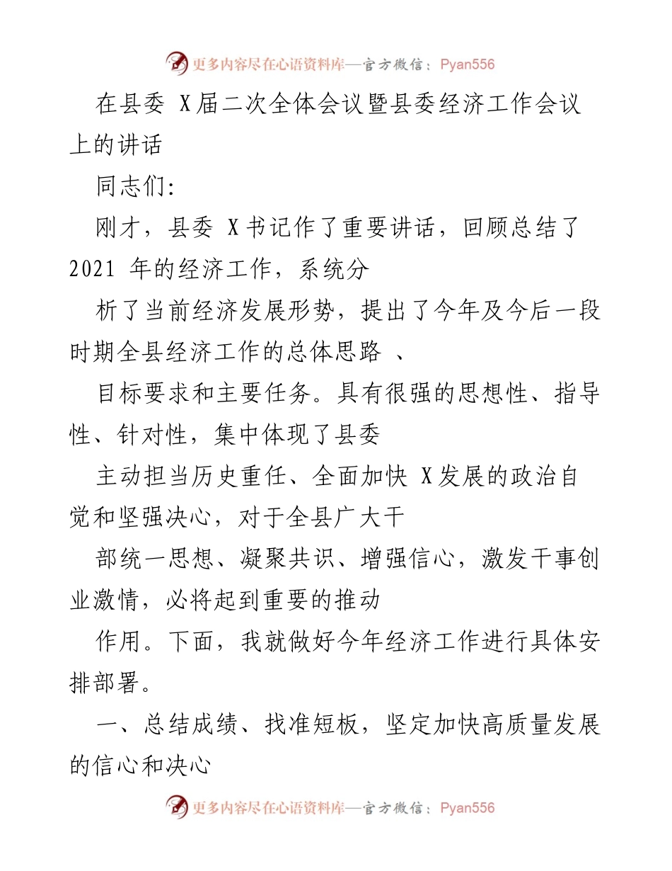 [发言] 县委全体会议 - 加快高质量发展，推动经济社会新成效.docx_第1页