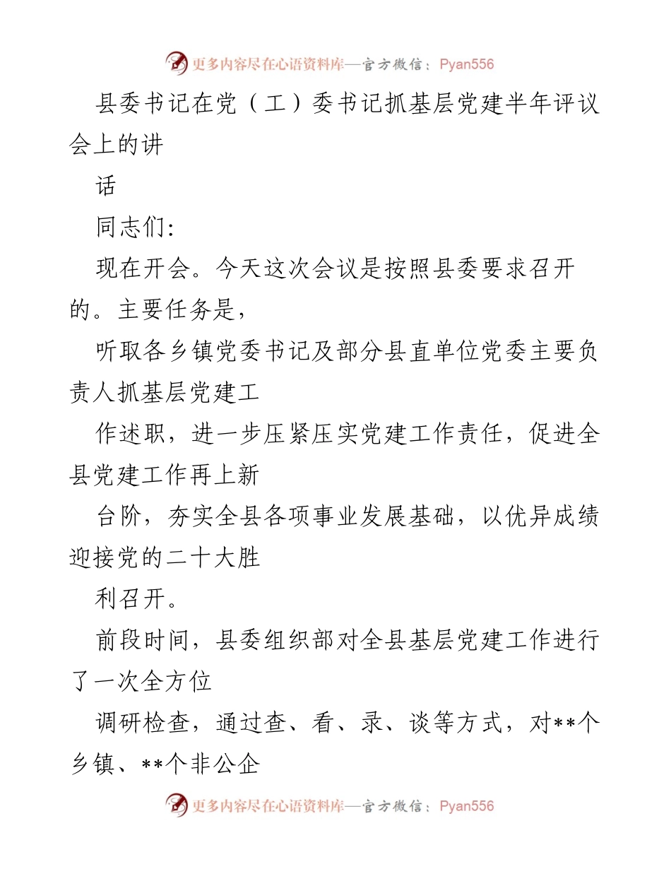 [发言] 半年评议会 - 县委书记强调基层党建工作责任与整改落实.docx_第1页