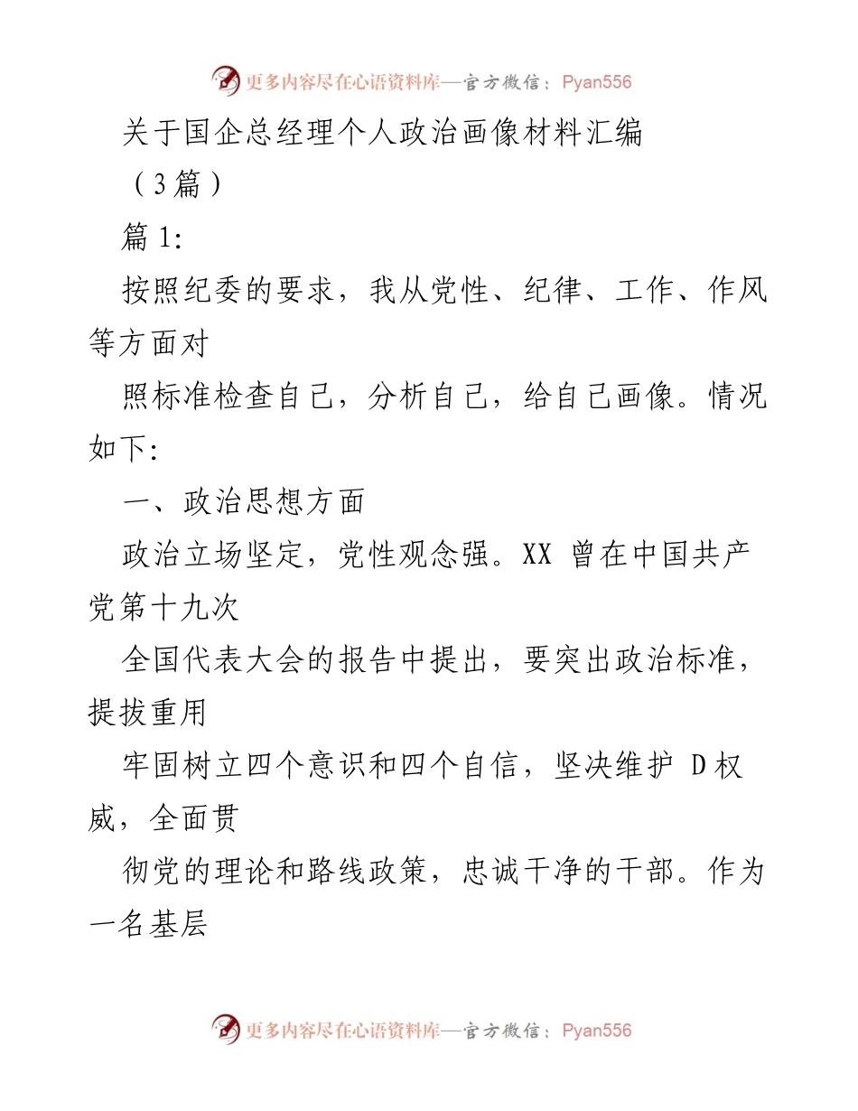 [发言] 国企总经理政治画像汇报 - 国企总经理个人政治画像的自我分析与总结.docx_第1页