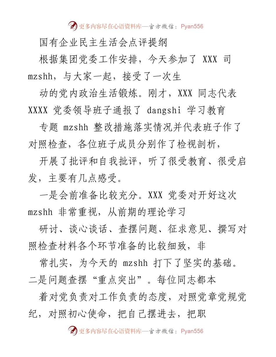 [发言] 国有企业民主生活会 - 国有企业民主生活会点评与改进建议.docx_第1页