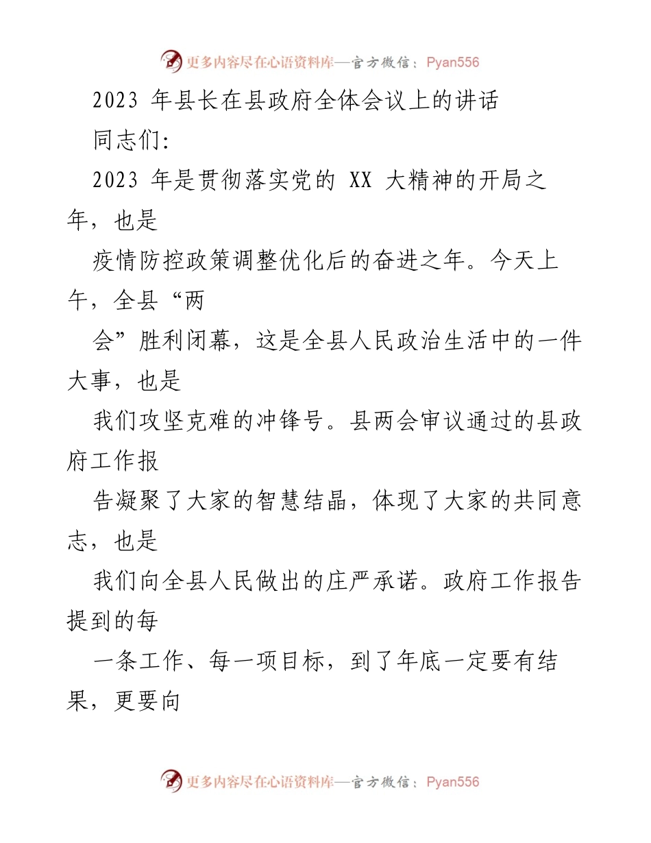 [发言] 县政府全体会议 - 2023年县长在全体会议上的讲话与工作部署.docx_第1页