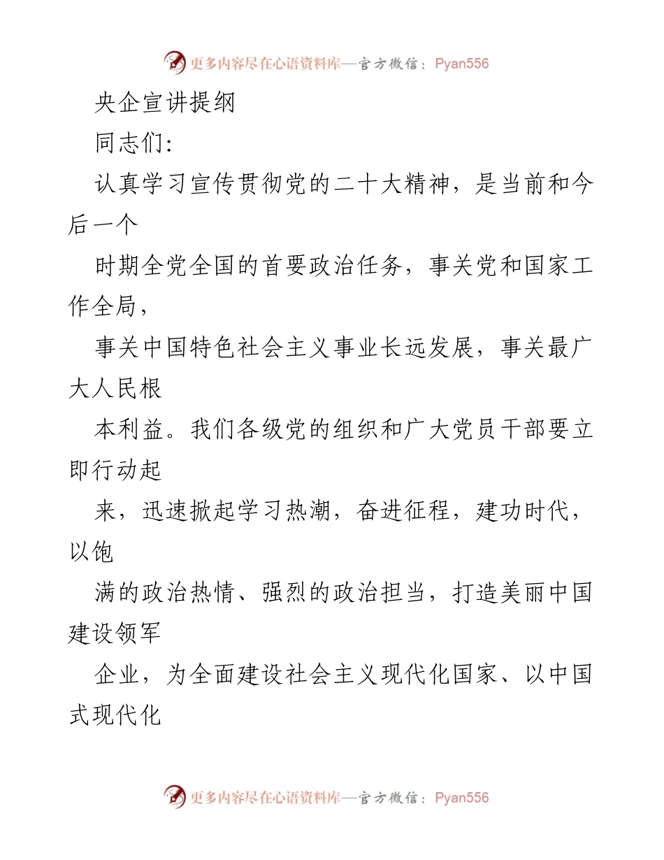 [发言] 央企宣讲会 - 学习宣传贯彻党的二十大精神的重要性与实施路径.docx_第1页