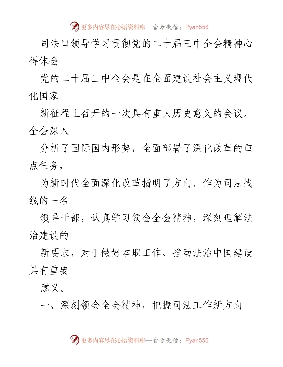 [发言] 司法工作会议 - 深入学习贯彻党的二十届三中全会精神的心得体会.docx_第1页