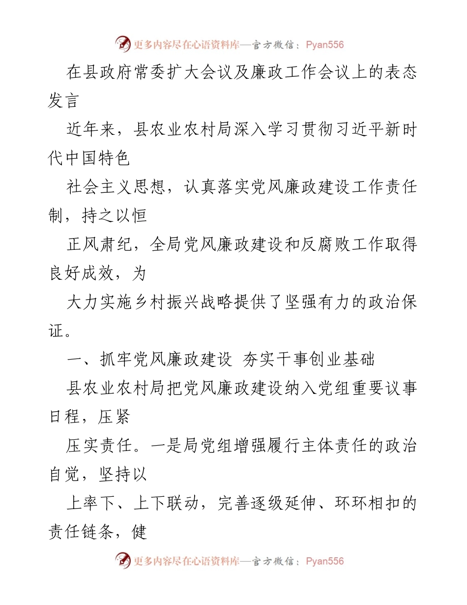 [发言] 县政府常委扩大会议及廉政工作会议 - 加强党风廉政建设，助力乡村振兴战略实施.docx_第1页