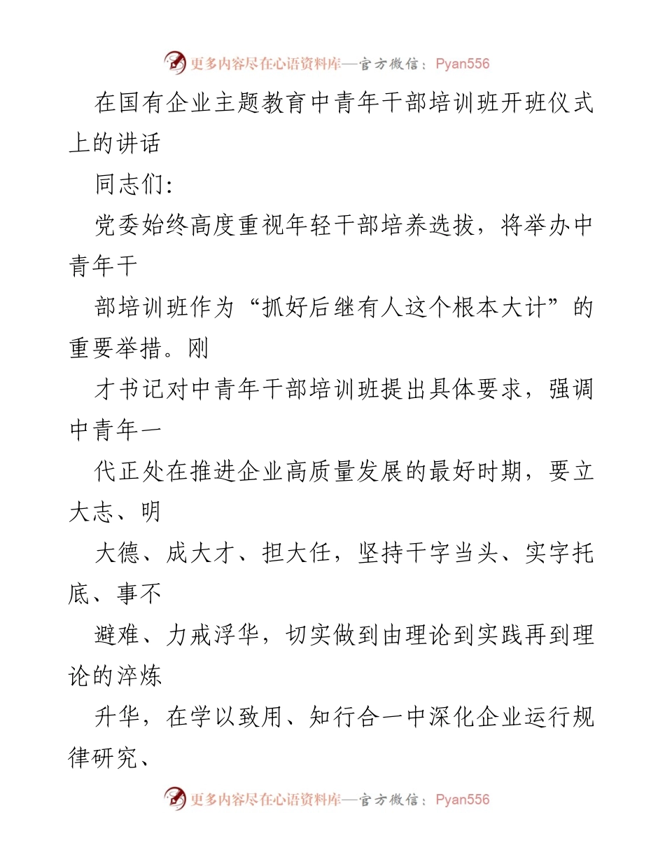 [发言] 国有企业中青年干部培训班开班仪式 - 强调年轻干部在企业高质量发展中的重要性与责任.docx_第1页