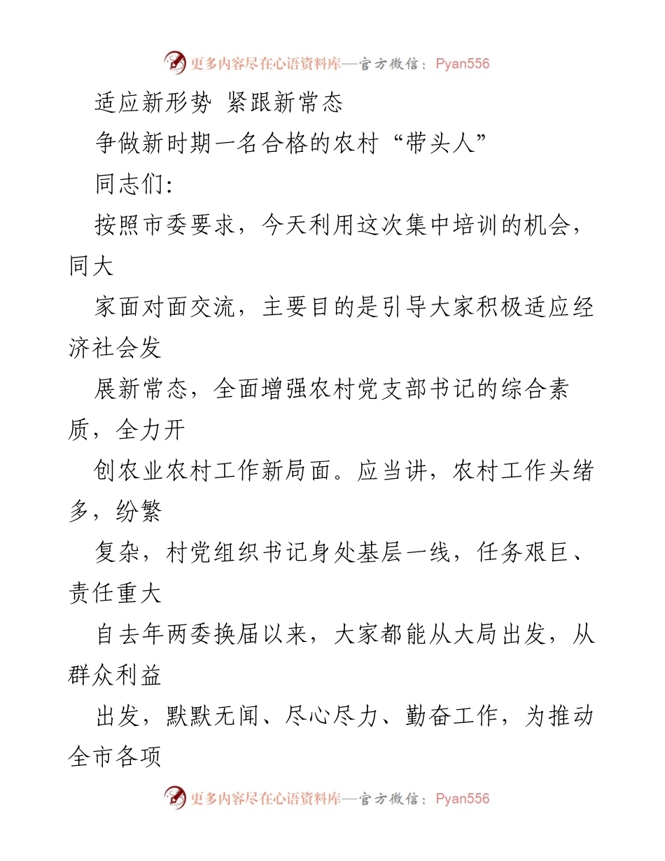 [发言] 培训会议 - 适应新形势，争做合格农村“带头人”.docx_第1页