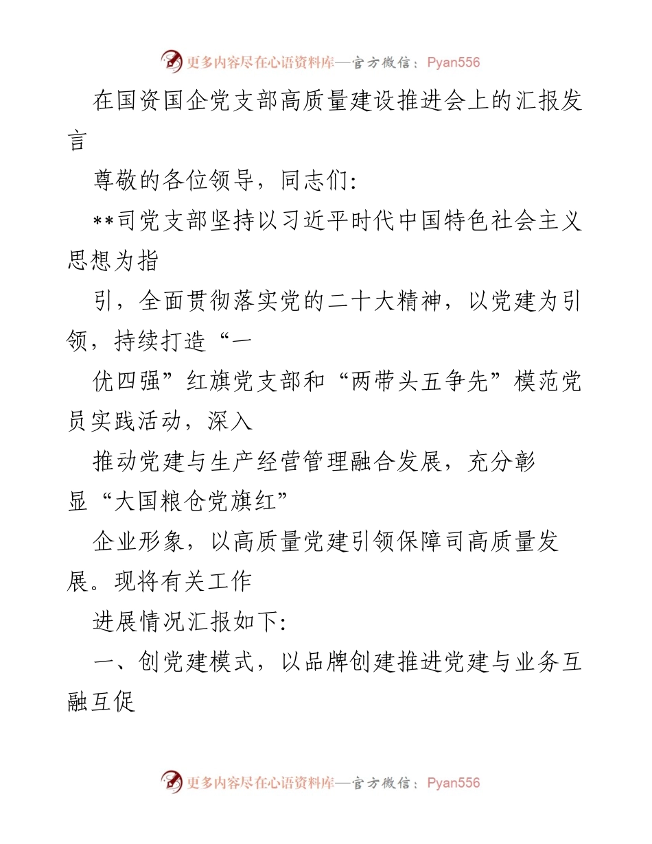 [发言] 国资国企党支部高质量建设推进会 - 党建引领高质量发展的实践探索.docx_第1页